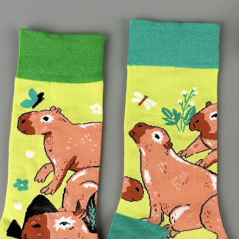 Cotton Blend Capybara Print Casual Mid Calf Socks