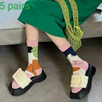5 Pairs Polyester Spandex Crew Socks Cartoon Art Print