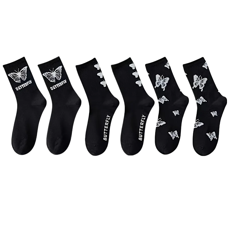 Butterfly Pattern Mid Length Polyester Elastane Socks Set