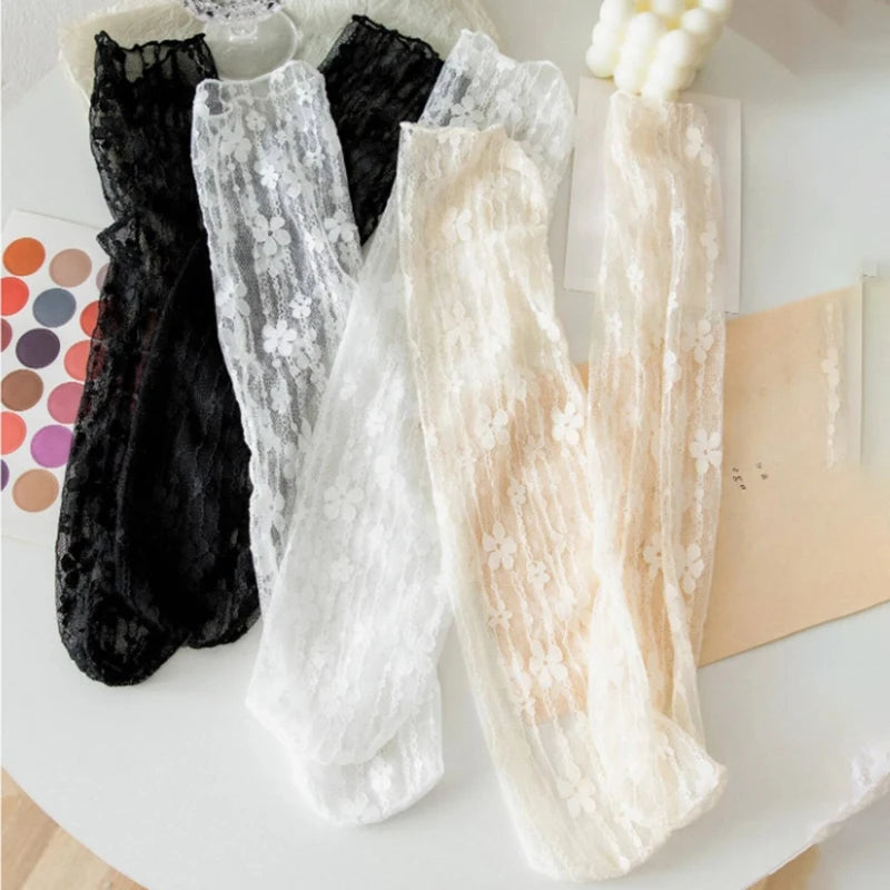 3 Pairs Floral Lace Women Casual Crew Socks