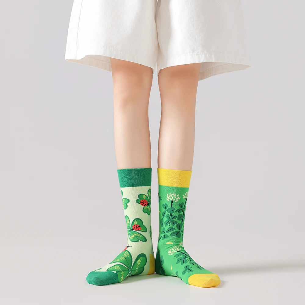 Cotton Blend Mid Calf Ladybug Clover Print Casual Socks - 2