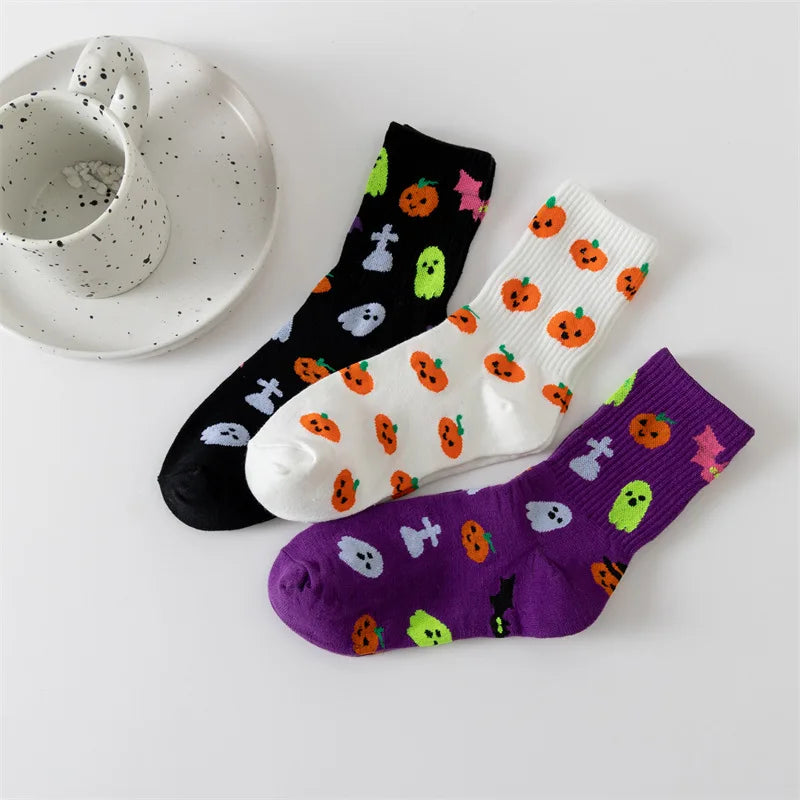 Cotton Blend Halloween Pattern Mid Calf Socks 3 Pair Set - 12