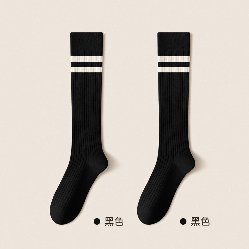 Cotton Polyester Striped Knee High Casual Socks
