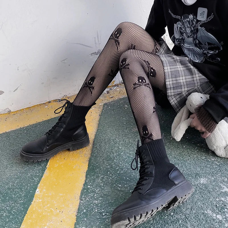 Nylon Polyester Skull Pattern Fishnet Pantyhose - 21