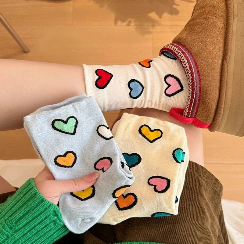 Polyester Elastane Heart Pattern Women Casual Crew Socks 5 Pairs - 9