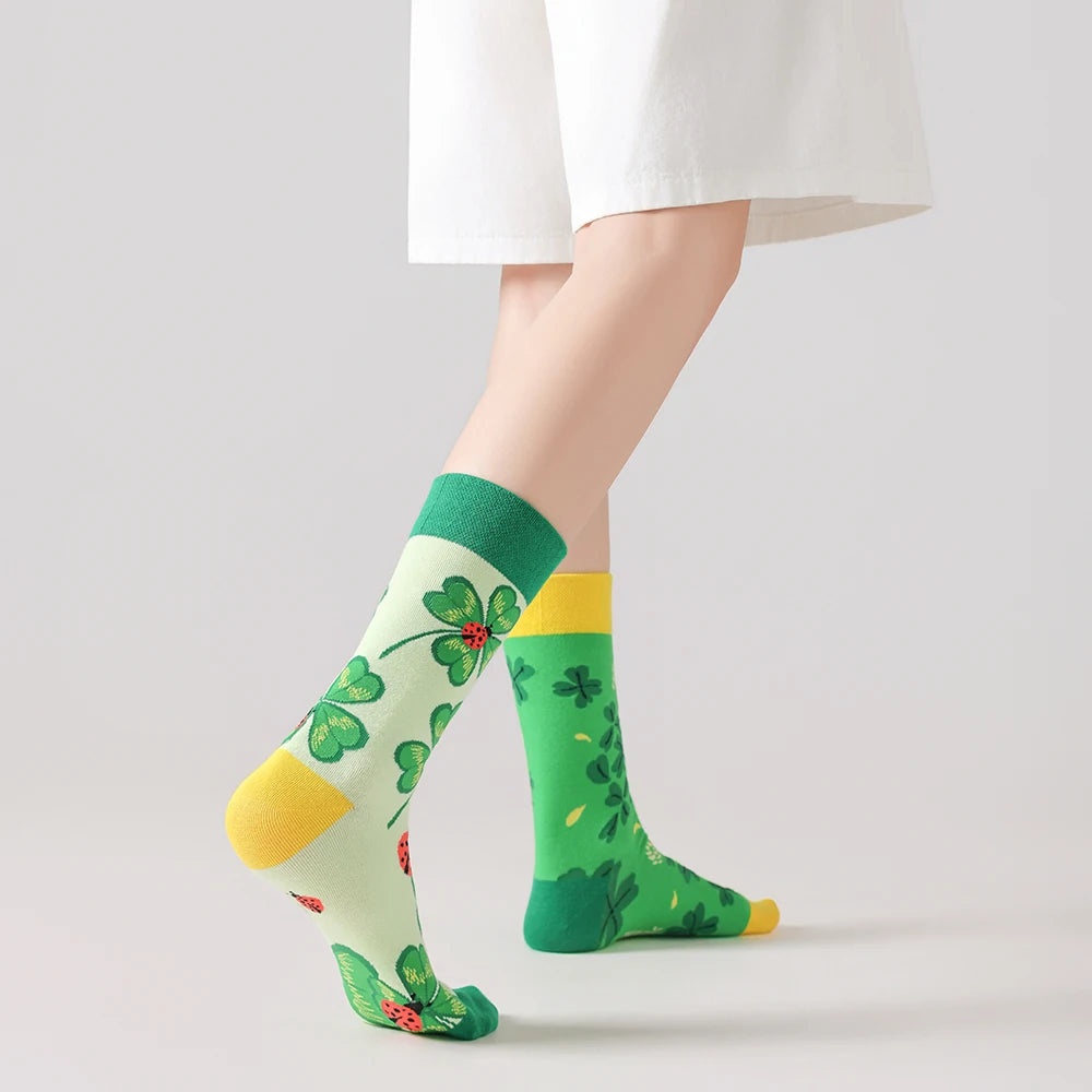 Cotton Blend Mid Calf Ladybug Clover Print Casual Socks