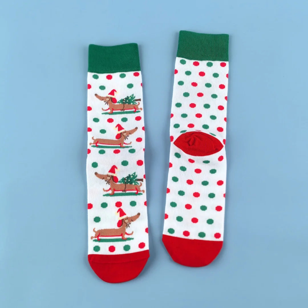 Cotton Blend Dachshund Christmas Pattern Mid Calf Socks - 4