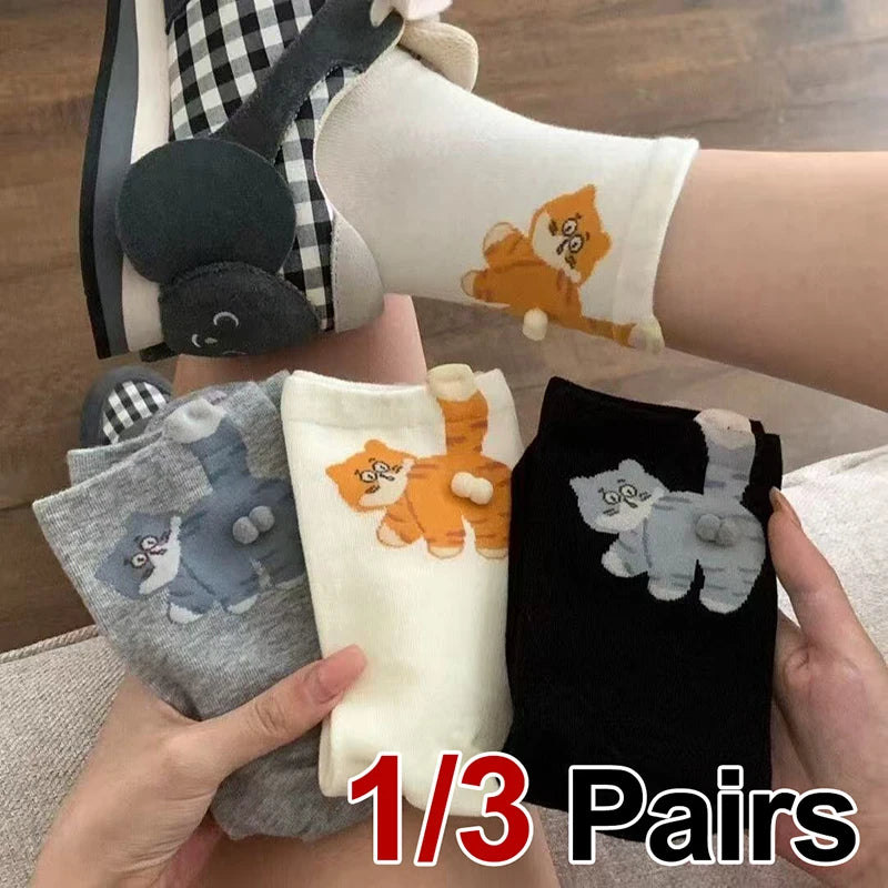 Polyester Elastane Kitten Pattern Mid Tube Socks