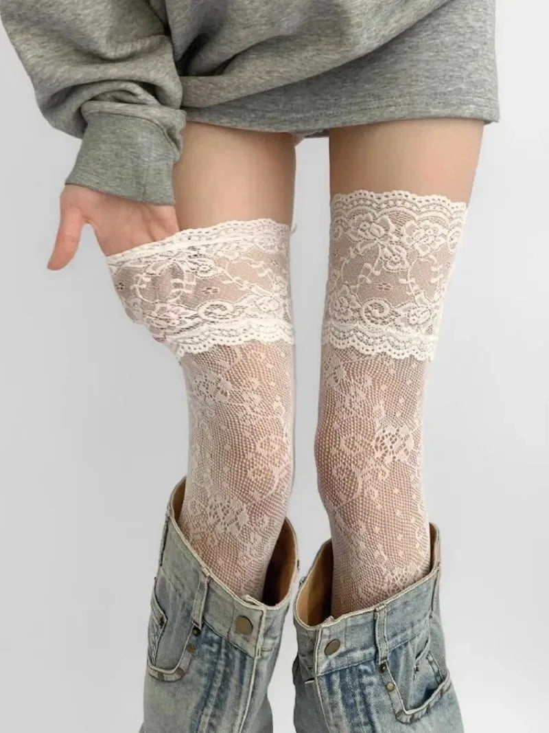 Nylon Floral Lace Thigh High Stockings
