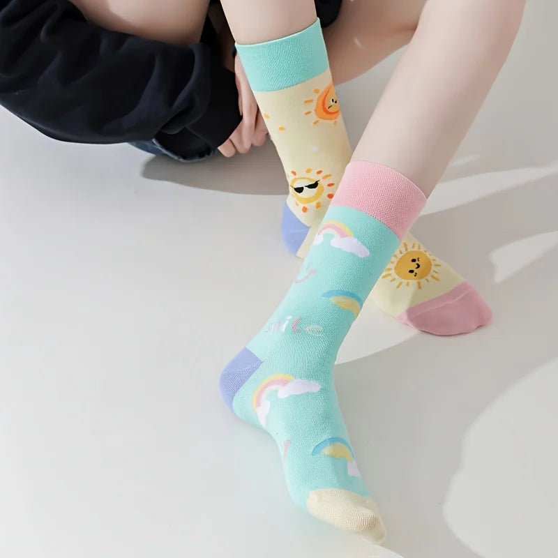Cotton Blend Sun and Rainbow Print Mid Tube Casual Socks