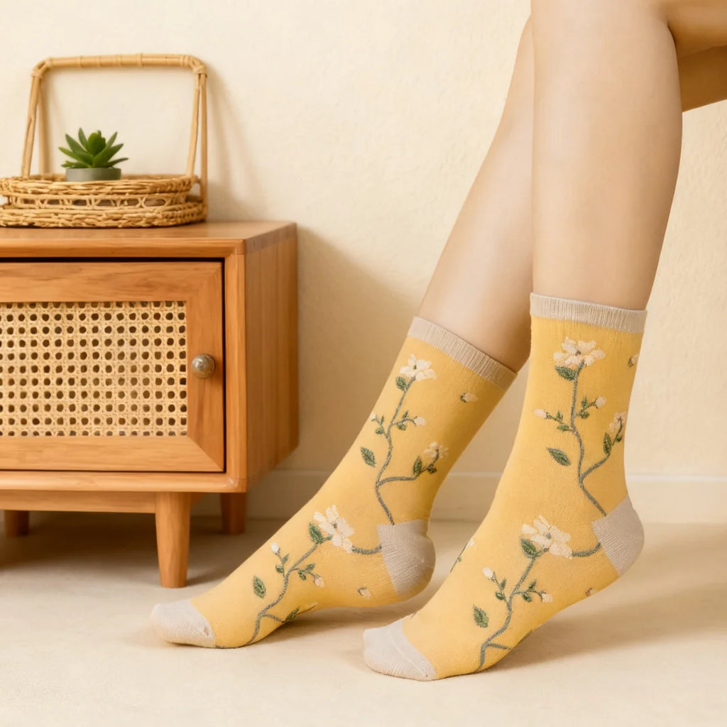 Polyester Elastane Magnolia Flower Print Mid Calf Socks