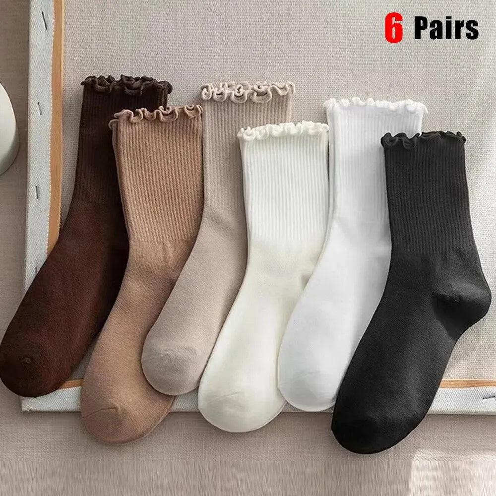 Ruffled Polyester Blend Mid Length Womens Socks 6 Pair Set