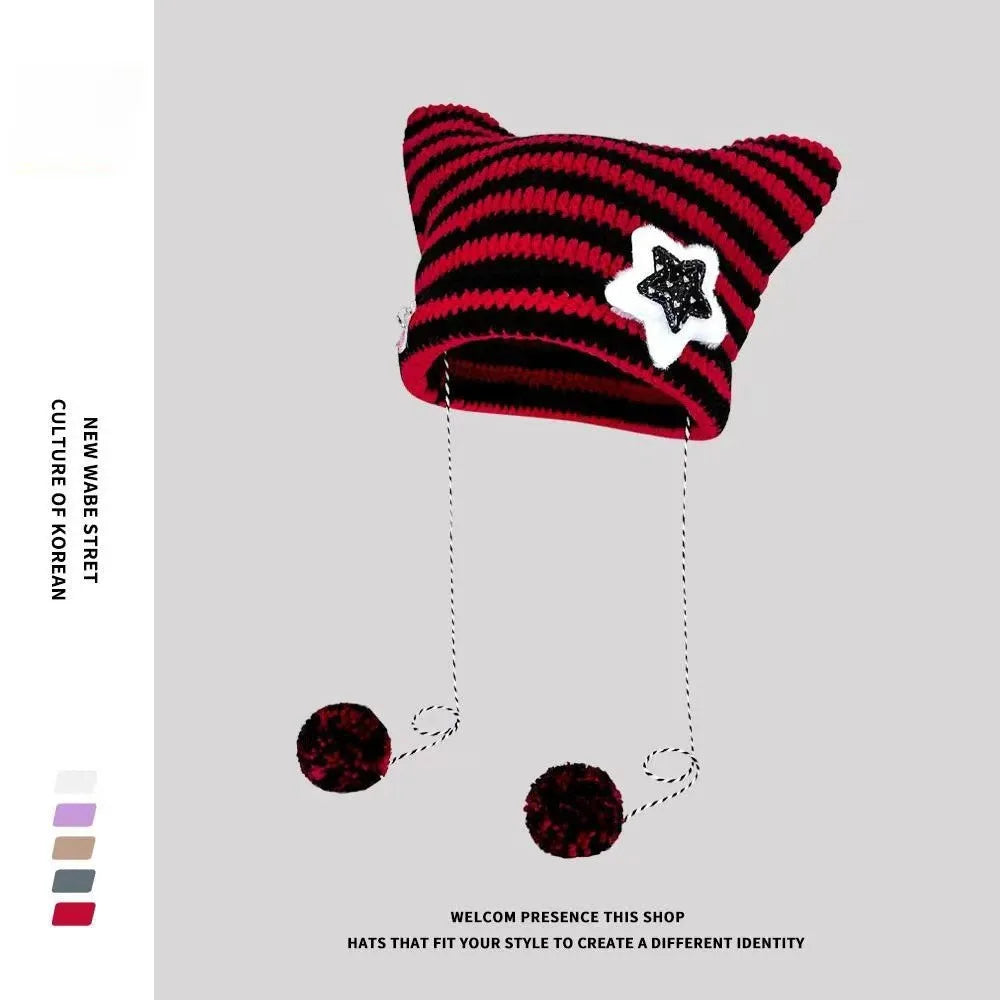 Polyester Knit Cat Ear Beanie Hat with Star Decor