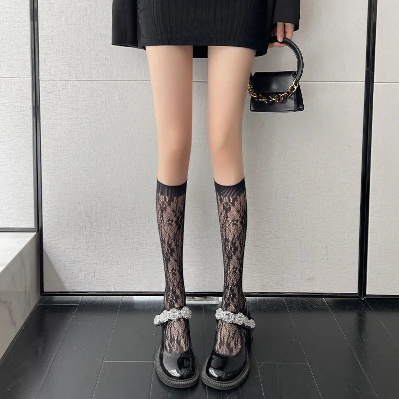 Floral Lace Calf Socks Women Nylon Knit Hosiery