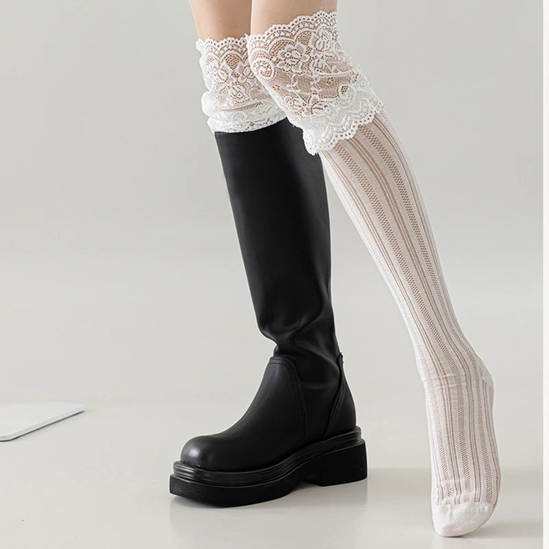 Polyester Spandex Floral Lace Hollow Knit Mid Tube Casual Socks - 2
