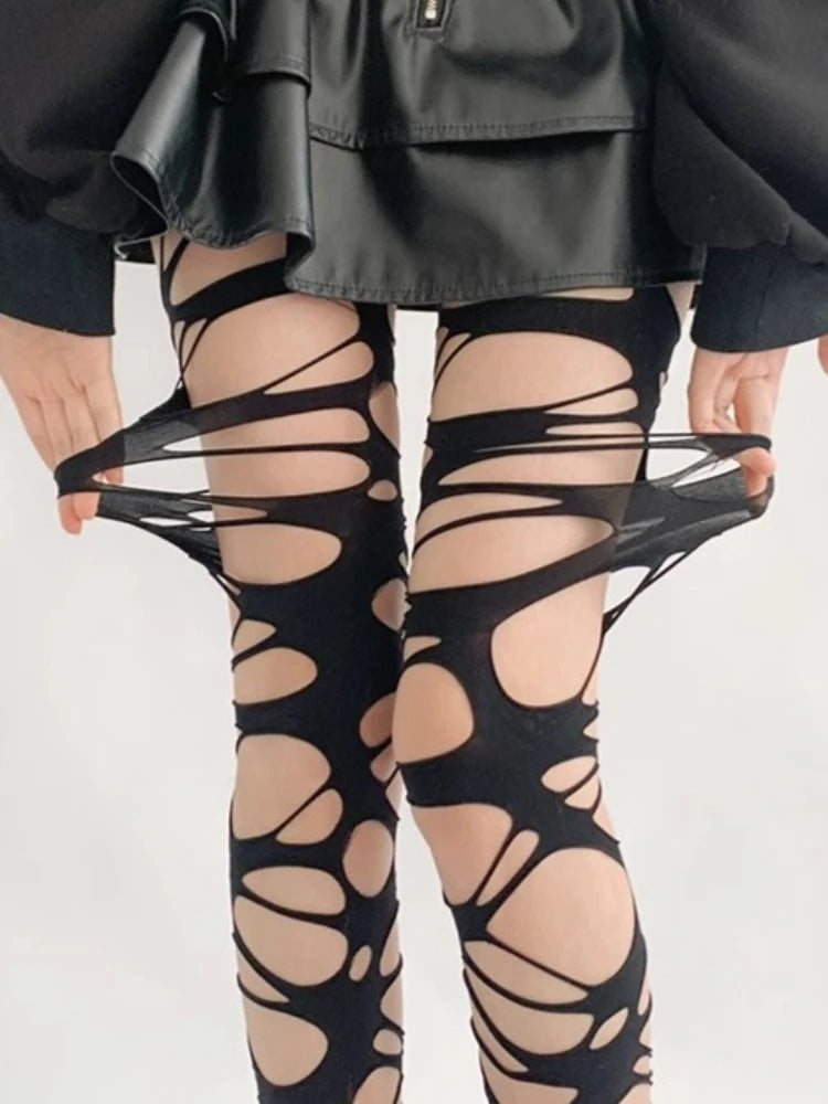 Nylon Elastane Hollowed Ripped Tights - 1