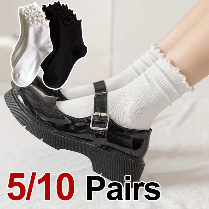 Polyester Elastane Ruffle Trim Mid Tube Socks for Women - 1