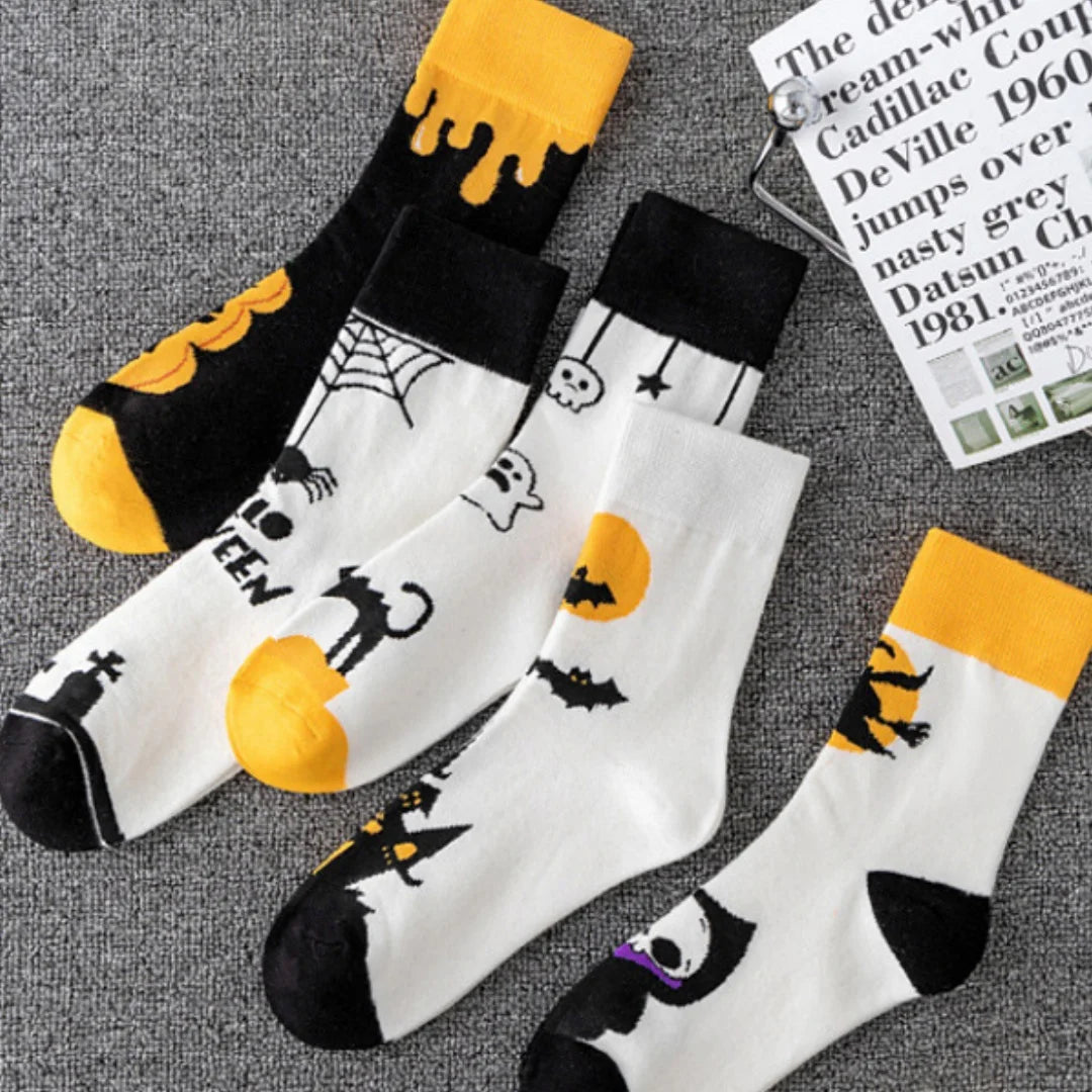 Polyester Elastane Halloween Patterned Mid Calf Socks 5 Pack - 3