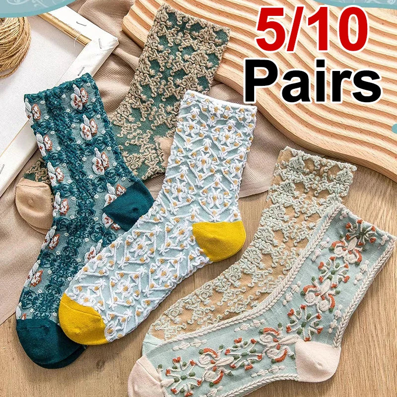Cotton Blend Floral Mid Tube Socks