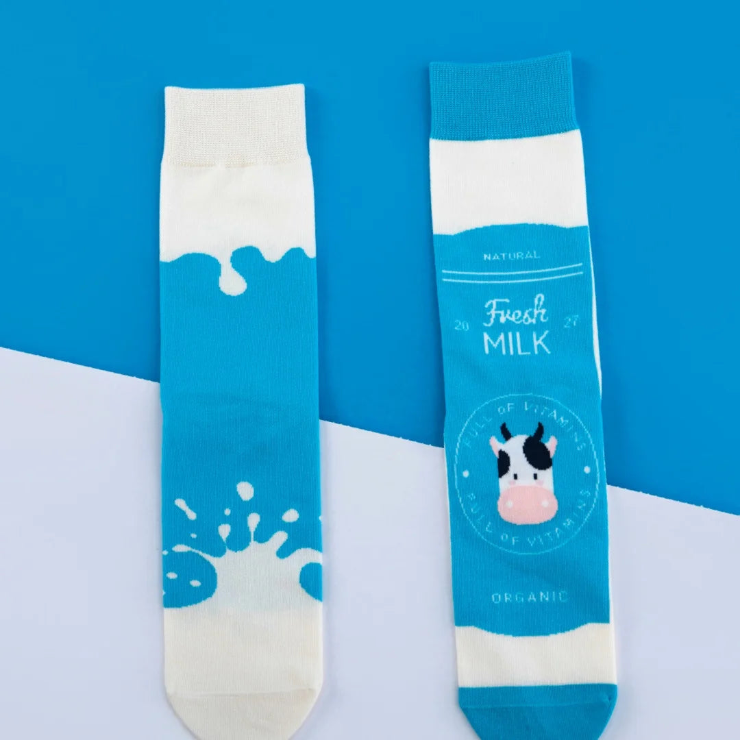 Cotton Blend Milk Carton Print Mid Calf Socks