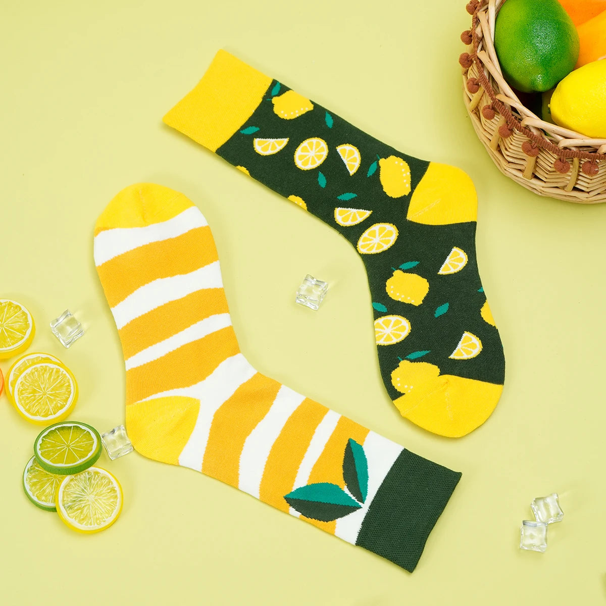 Cotton Blend Lemon Pattern Mid Tube Socks - 3