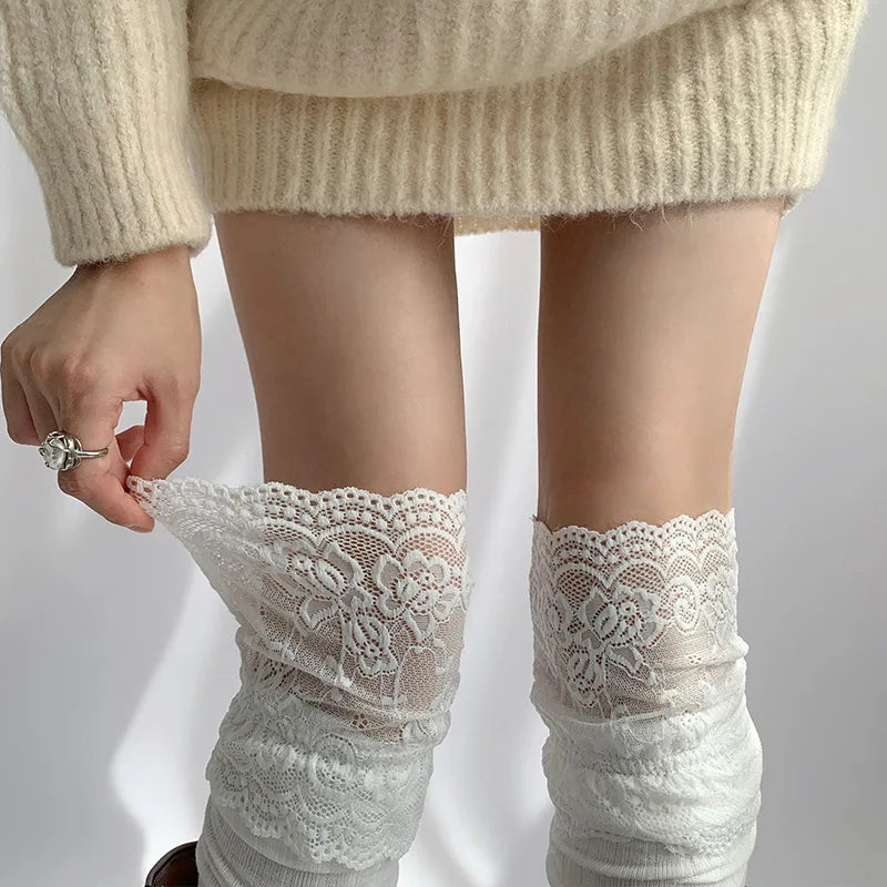 Polyester Elastane Lace Knee High Stockings