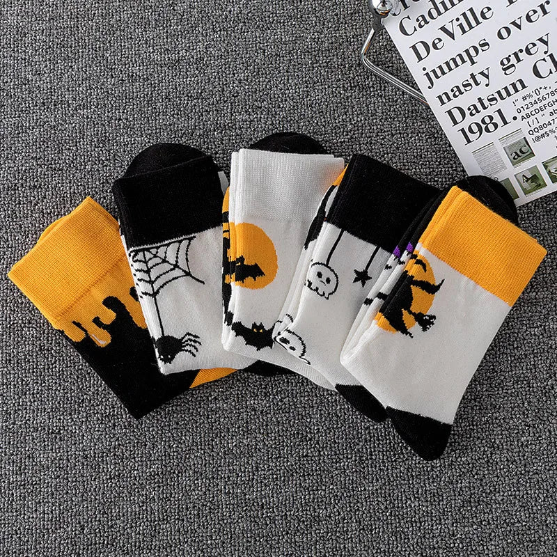 Polyester Elastane Halloween Patterned Mid Calf Socks 5 Pack