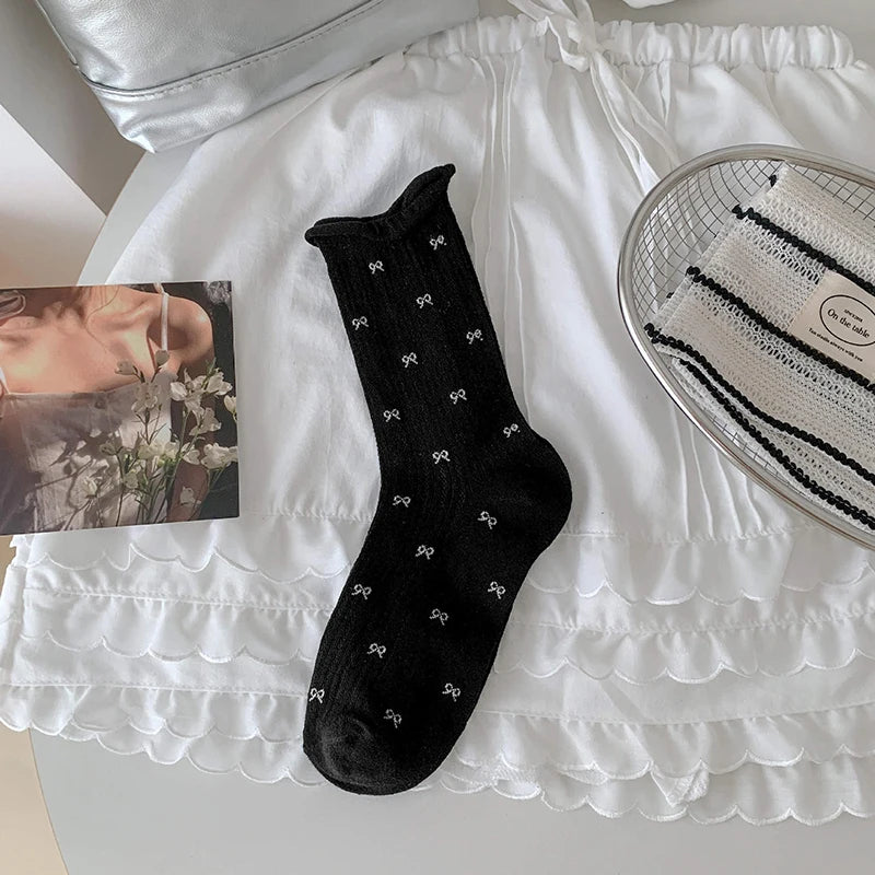Polyester Spandex Bow Pattern Mid Tube Breathable Casual Socks