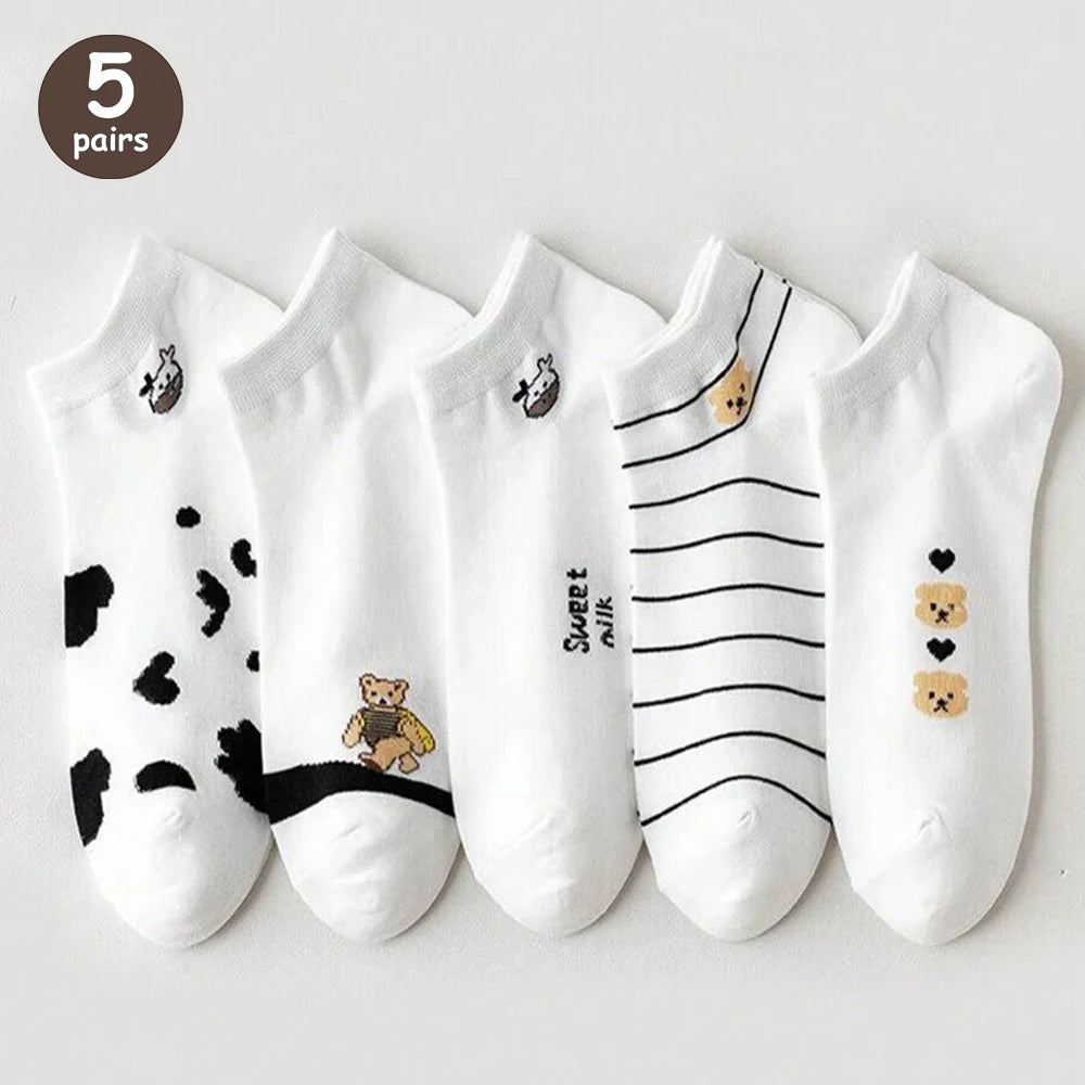 Polyester Elastane Teddy Bear Print Casual Ankle Socks for Women