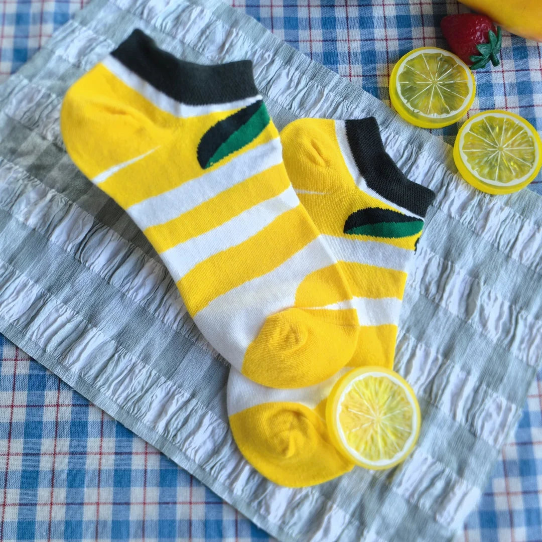 Yellow Striped Cotton Blend Ankle Socks - 1