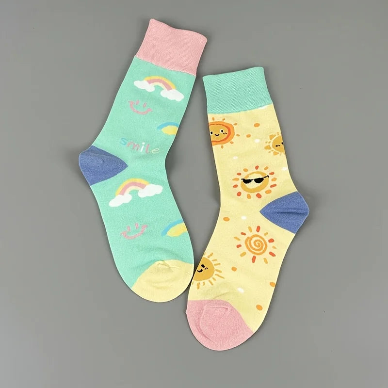 Cotton Blend Rainbow Sunflower Women Casual Crew Socks - 7