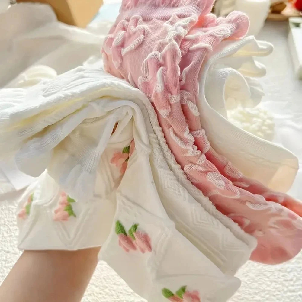 Polyester Blend Floral Ruffled Mid Tube Socks