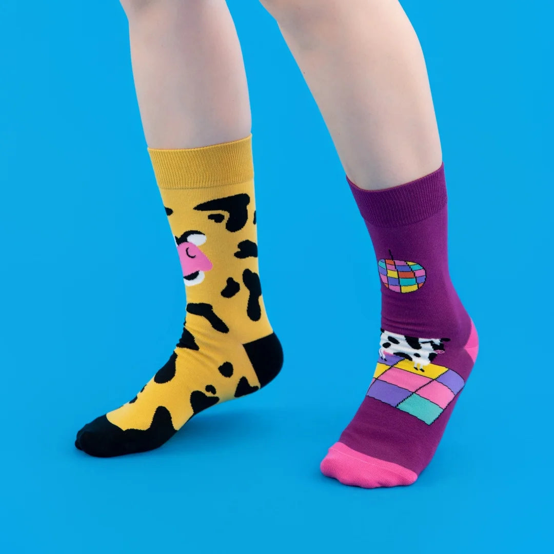Cotton Blend Disco Cow Pattern Crew Socks