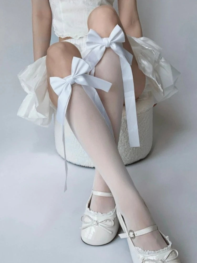 Satin Bowknot Nylon Knee High Socks - 2