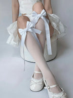 Satin Bowknot Nylon Knee High Socks