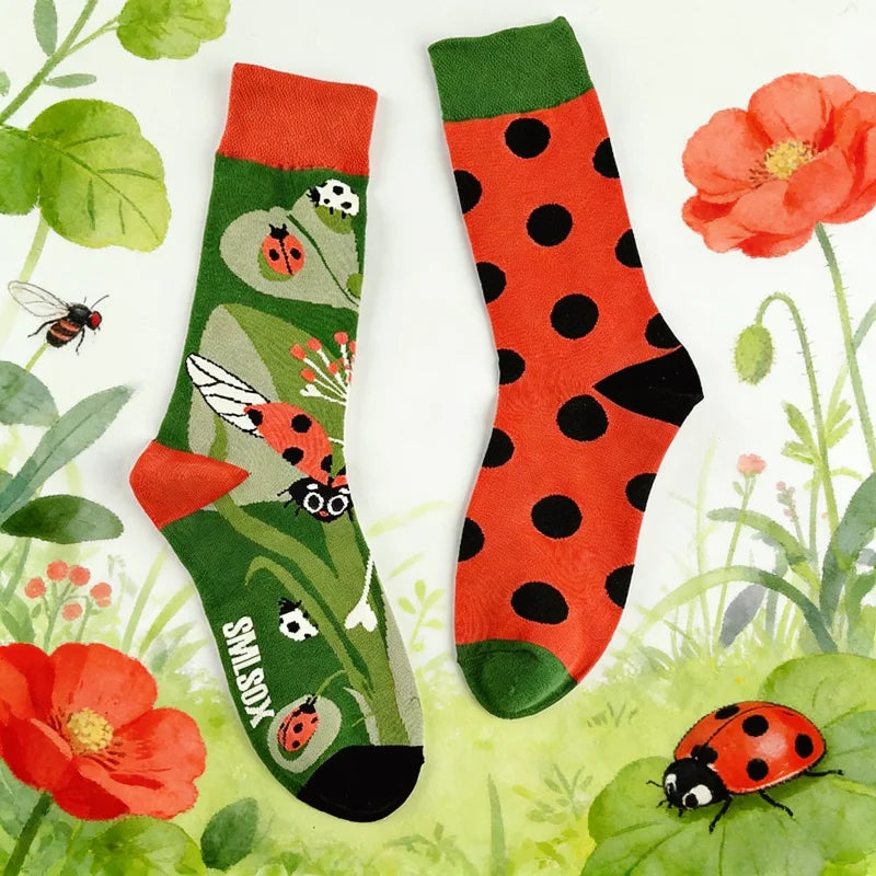 Cotton Blend Ladybug Print Mid Calf Socks