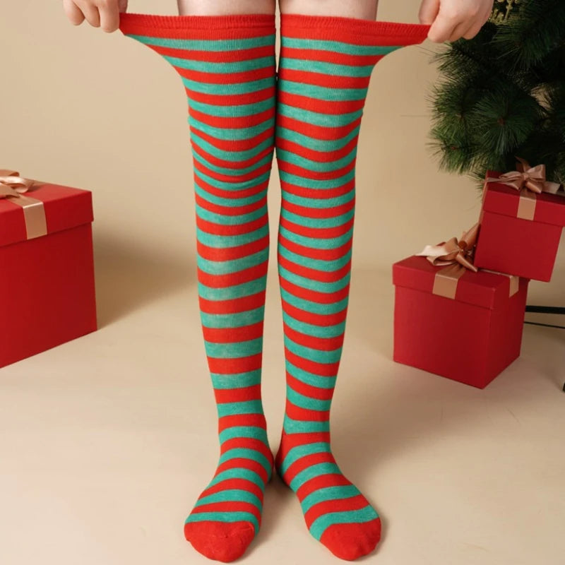 Striped Cotton Polyester Thigh High Stockings