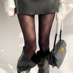 Black Plaid Pattern Polyester Elastane Womens Tights