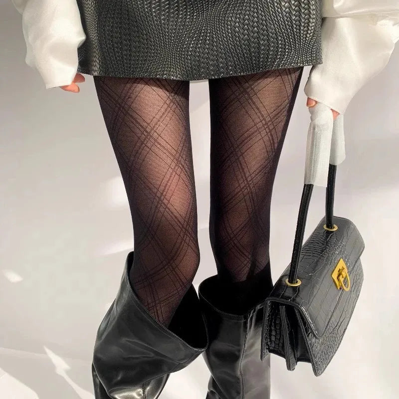 Black Plaid Pattern Polyester Elastane Womens Tights