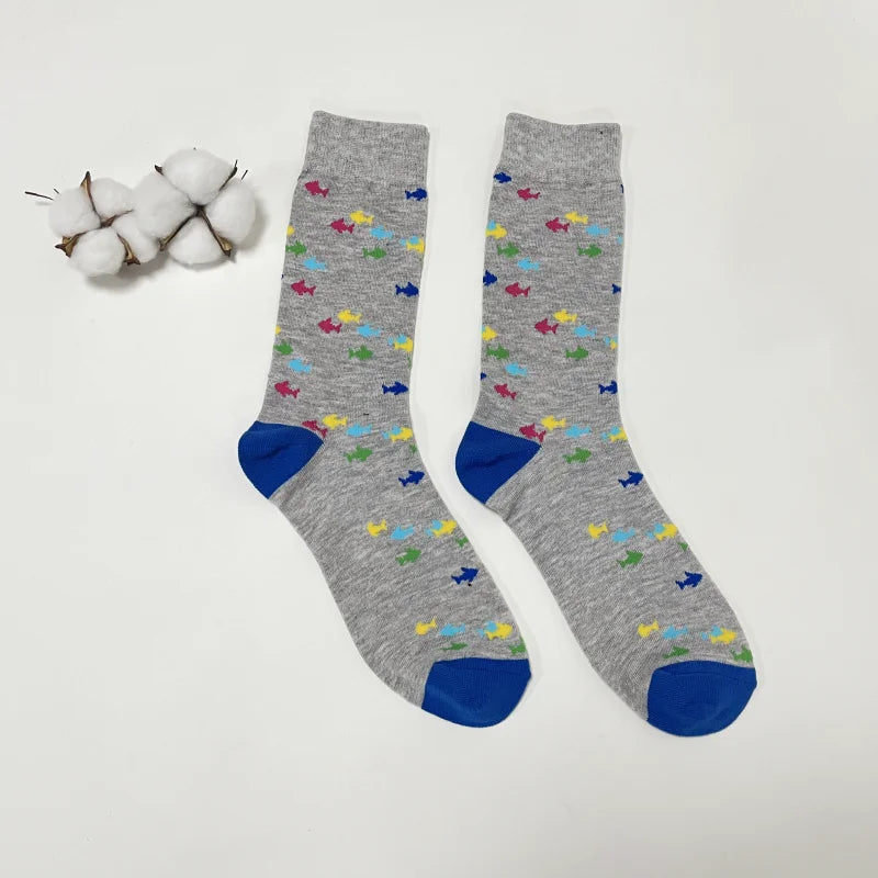 Cotton Blend Fish Pattern Crew Socks