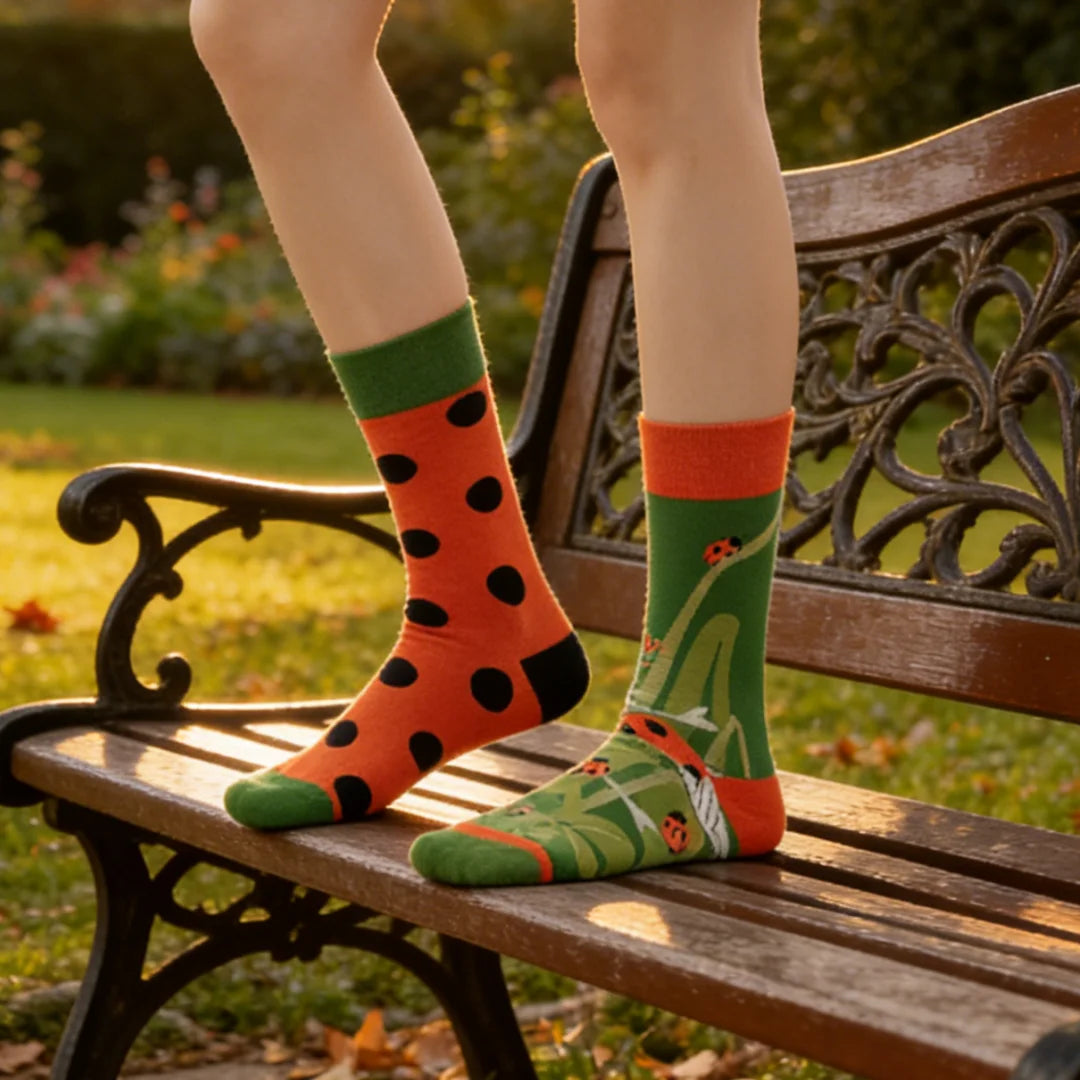 Cotton Blend Asymmetrical Ladybug Pattern Mid Calf Unisex Socks