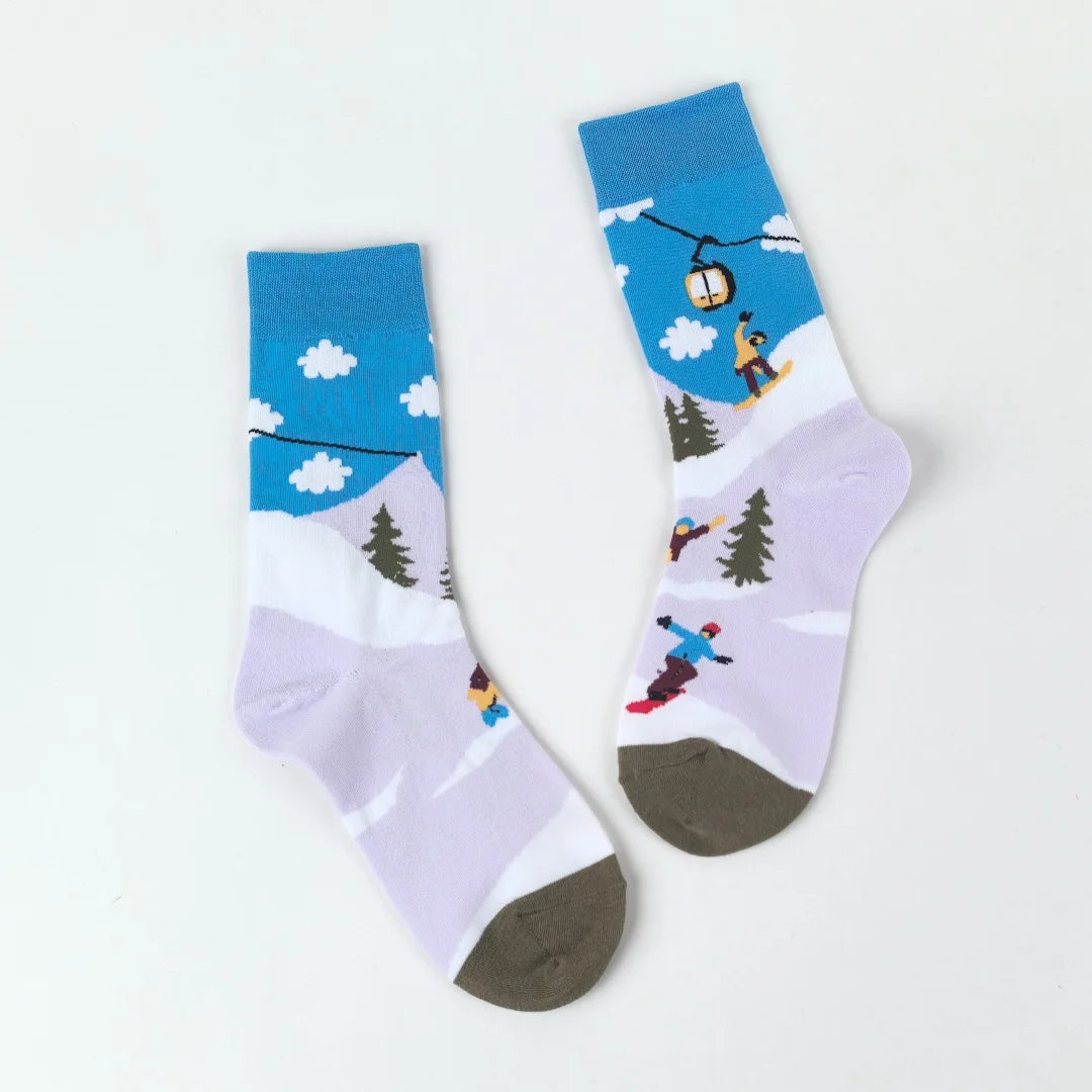 Cotton Blend Ski Pattern Mid Calf Unisex Socks