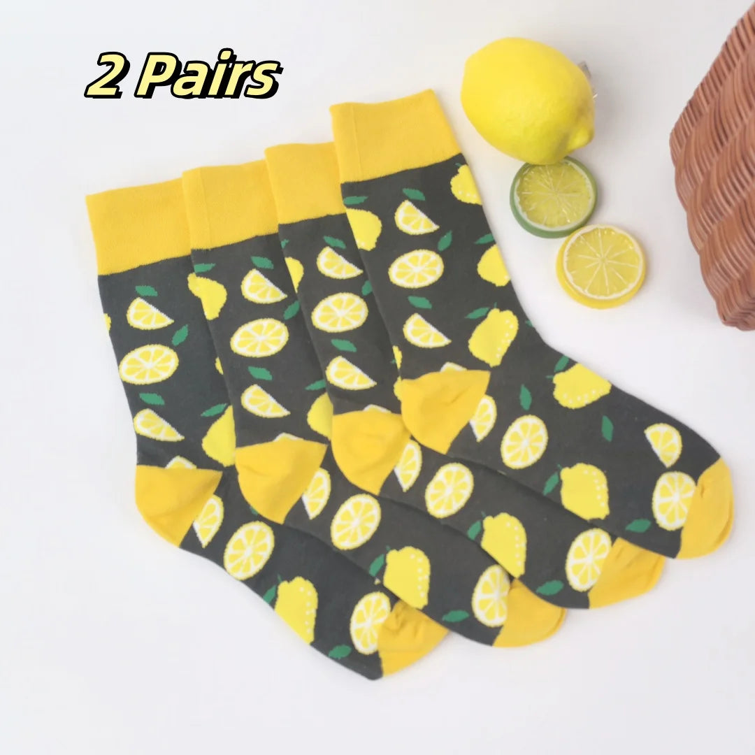 Cotton Blend Lemon Print Mid Calf Socks