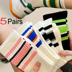 5 Pairs Polyester Spandex Striped Crew Socks
