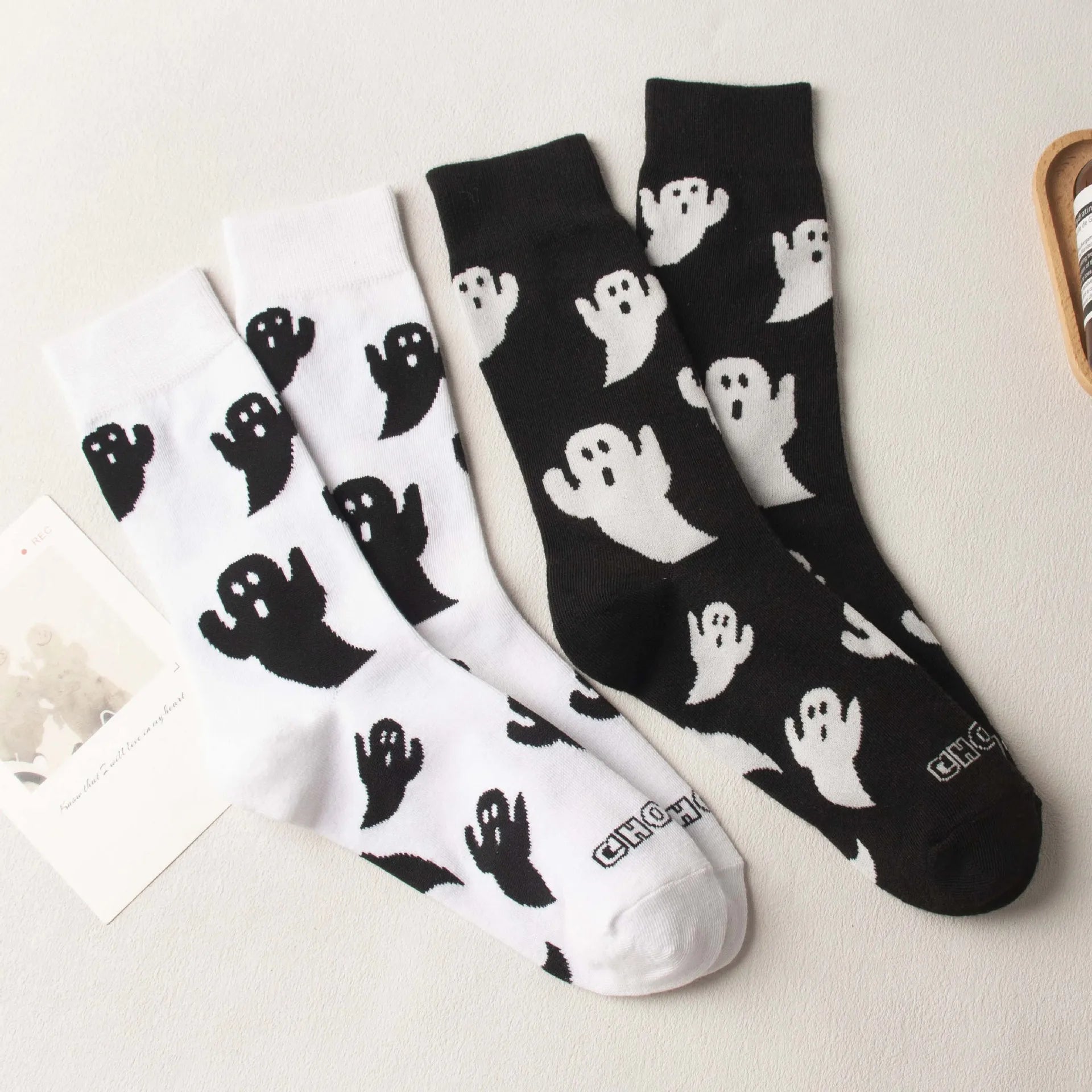 Cotton Ghost Pattern Mid Tube Halloween Socks - 3