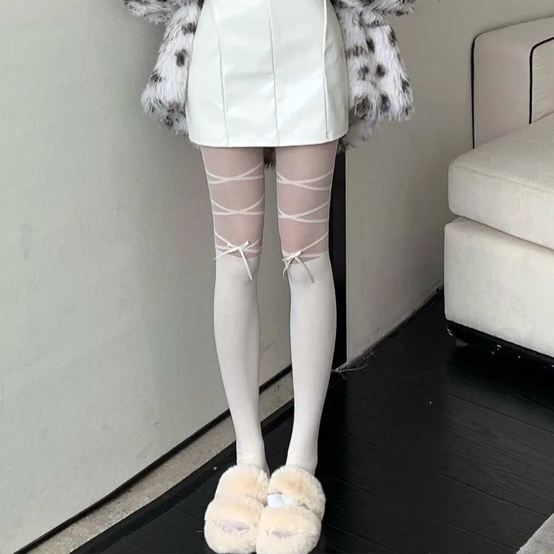 Nylon Polyester Bowknot Striped Tights