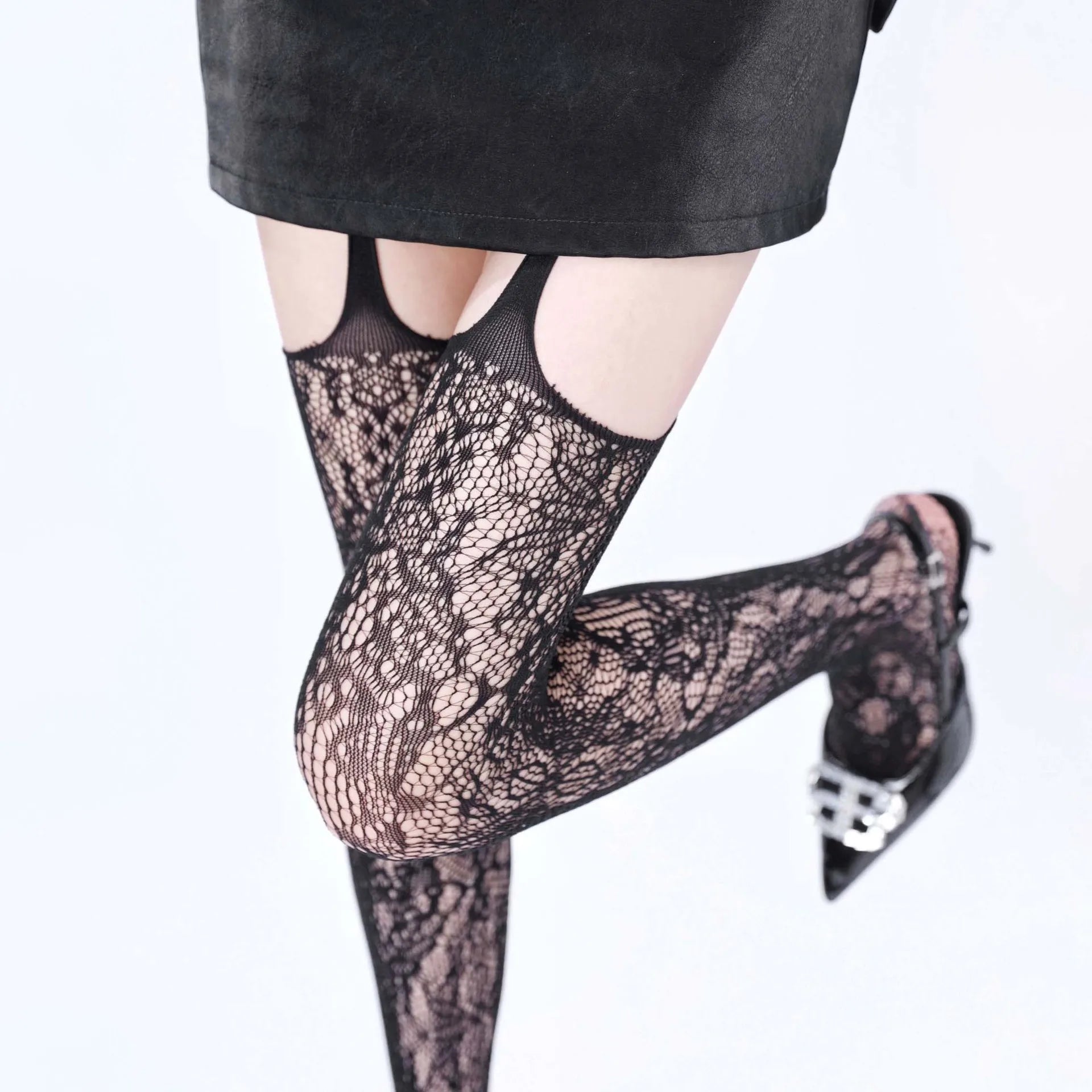 Floral Nylon Pantyhose Suspender Tights - 7