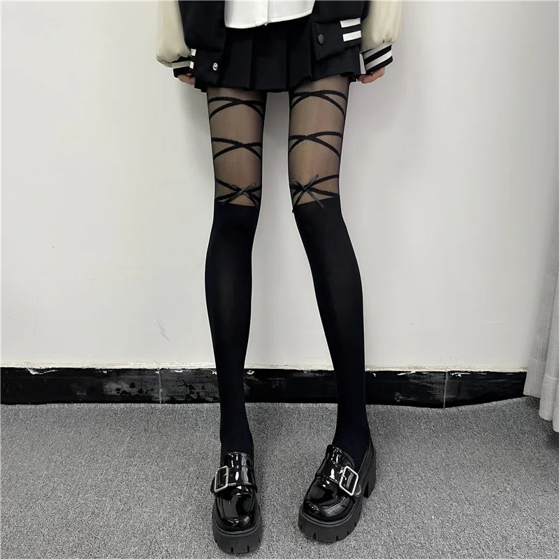 Nylon Polyester Bowknot Striped Tights