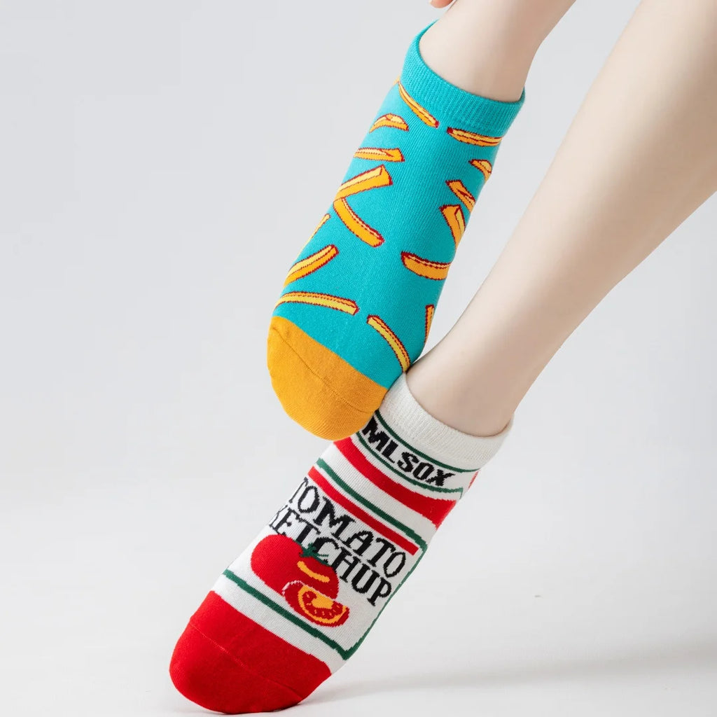 Cotton Blend Unisex Novelty French Fry And Ketchup Pattern Ankle Socks