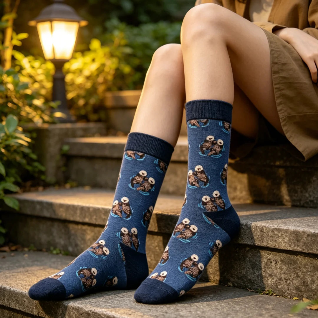 Cotton Blend Otter Print Unisex Mid Calf Socks
